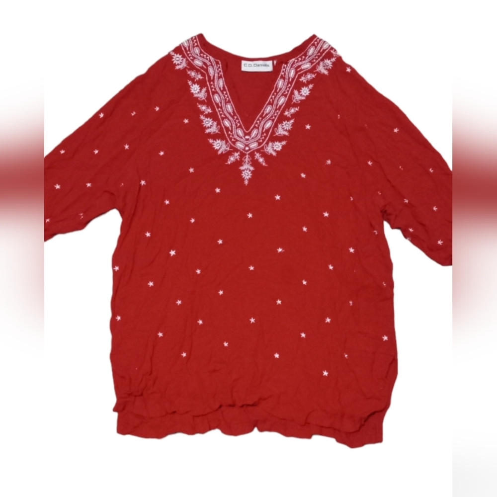 Mid Sleeve V-neck Red Blouse